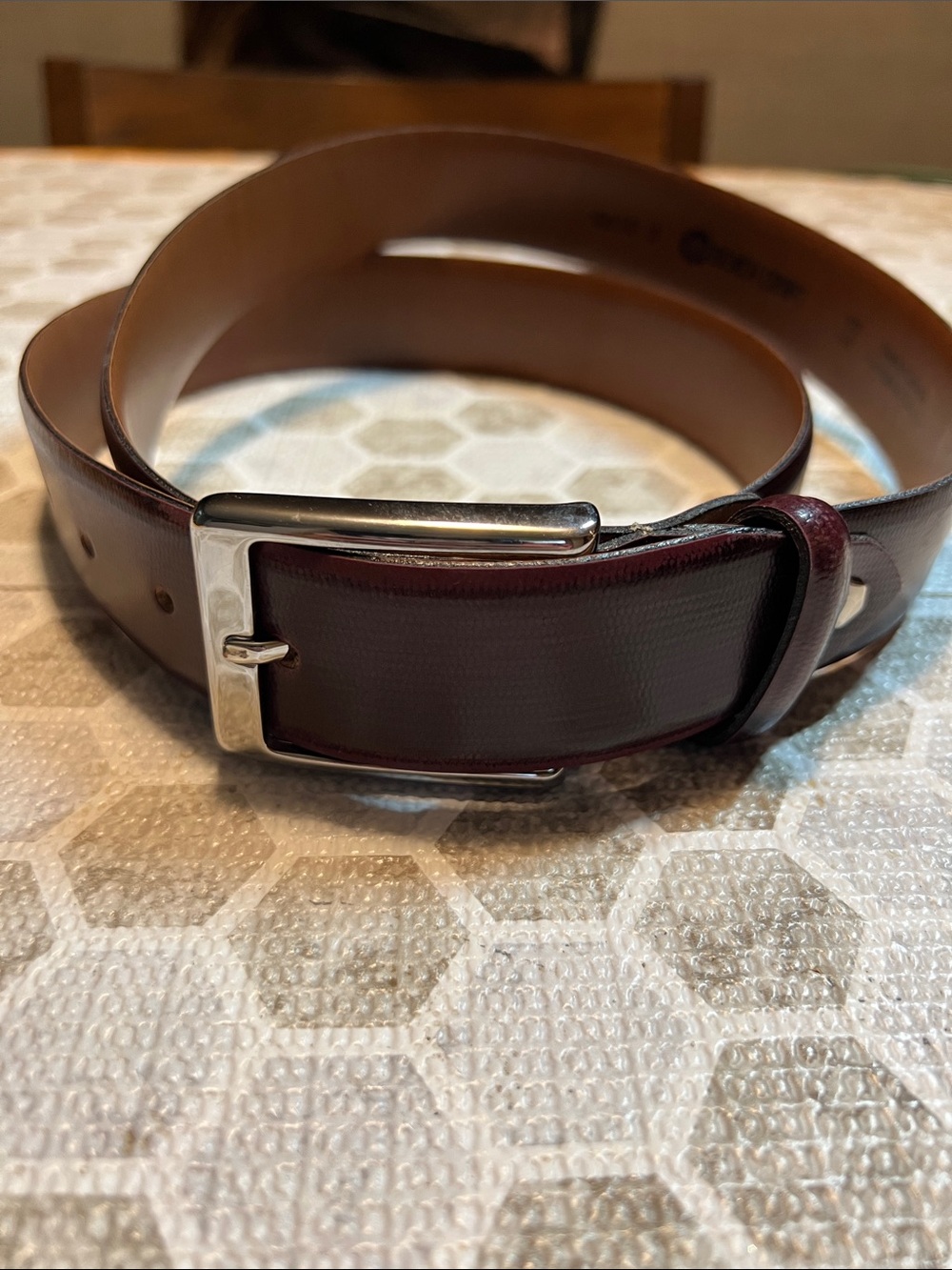 Men's Burgundy Leather Belt with Polished Silver Buckle